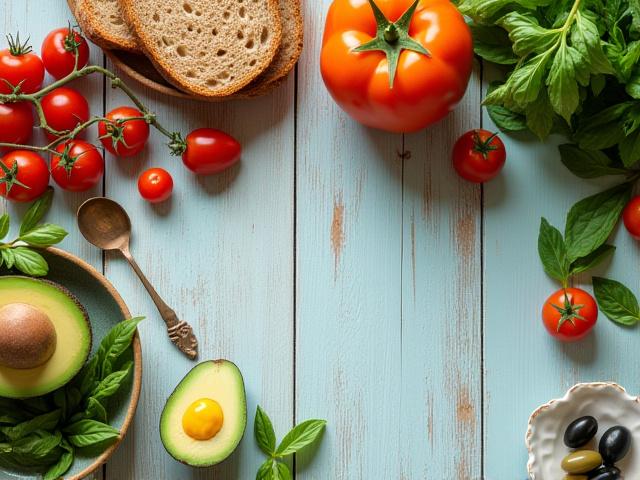 Fresh Mediterranean diet ingredients on a wooden table